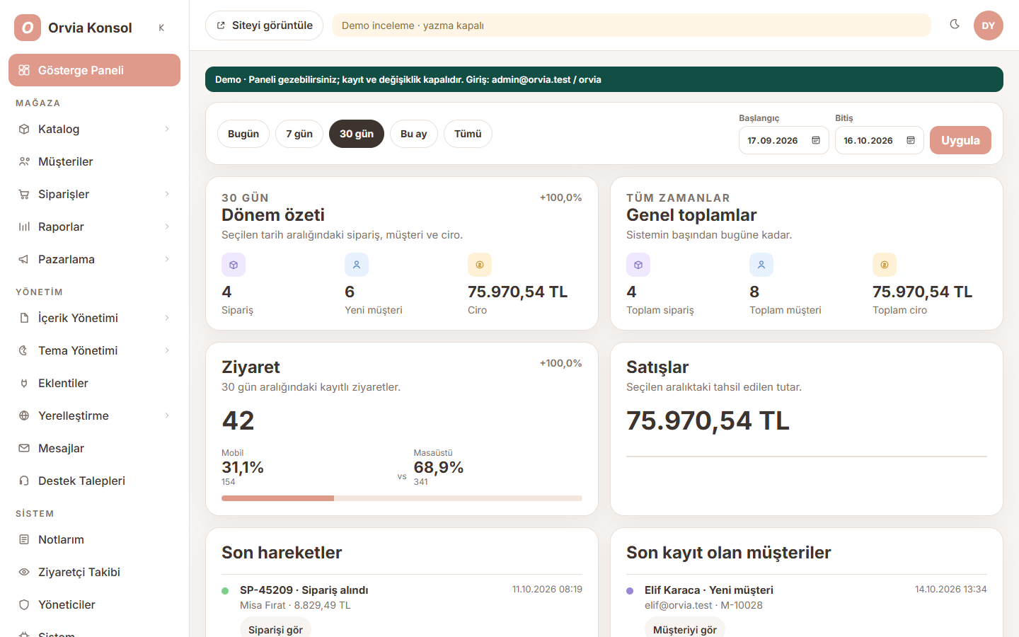 Orvia yönetici paneli demosu